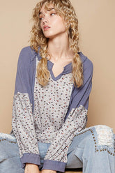 POL Waffle Knit Floral Notched Long Sleeve Top Dusty Blue OutfitFlow